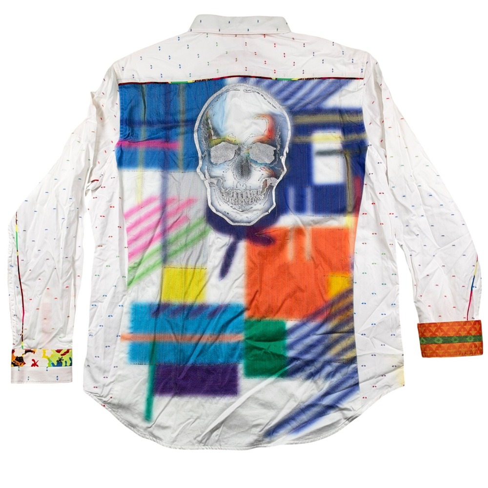 New Robert Graham Karyan Button Down Men XL White Skull Graphic Cotton